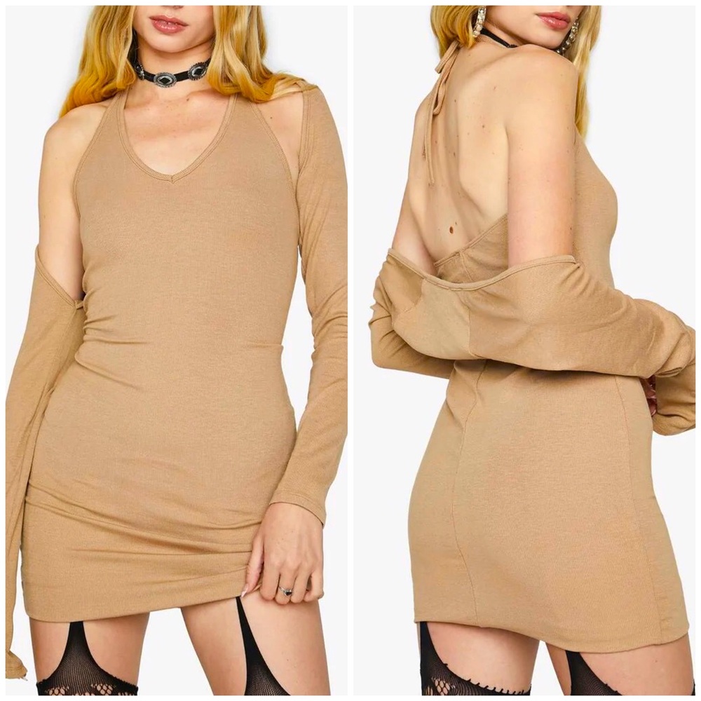 NWT Dolls Kill Bodycon Halter Dress Shrug Top Set Taupe Festival Vacation Travel